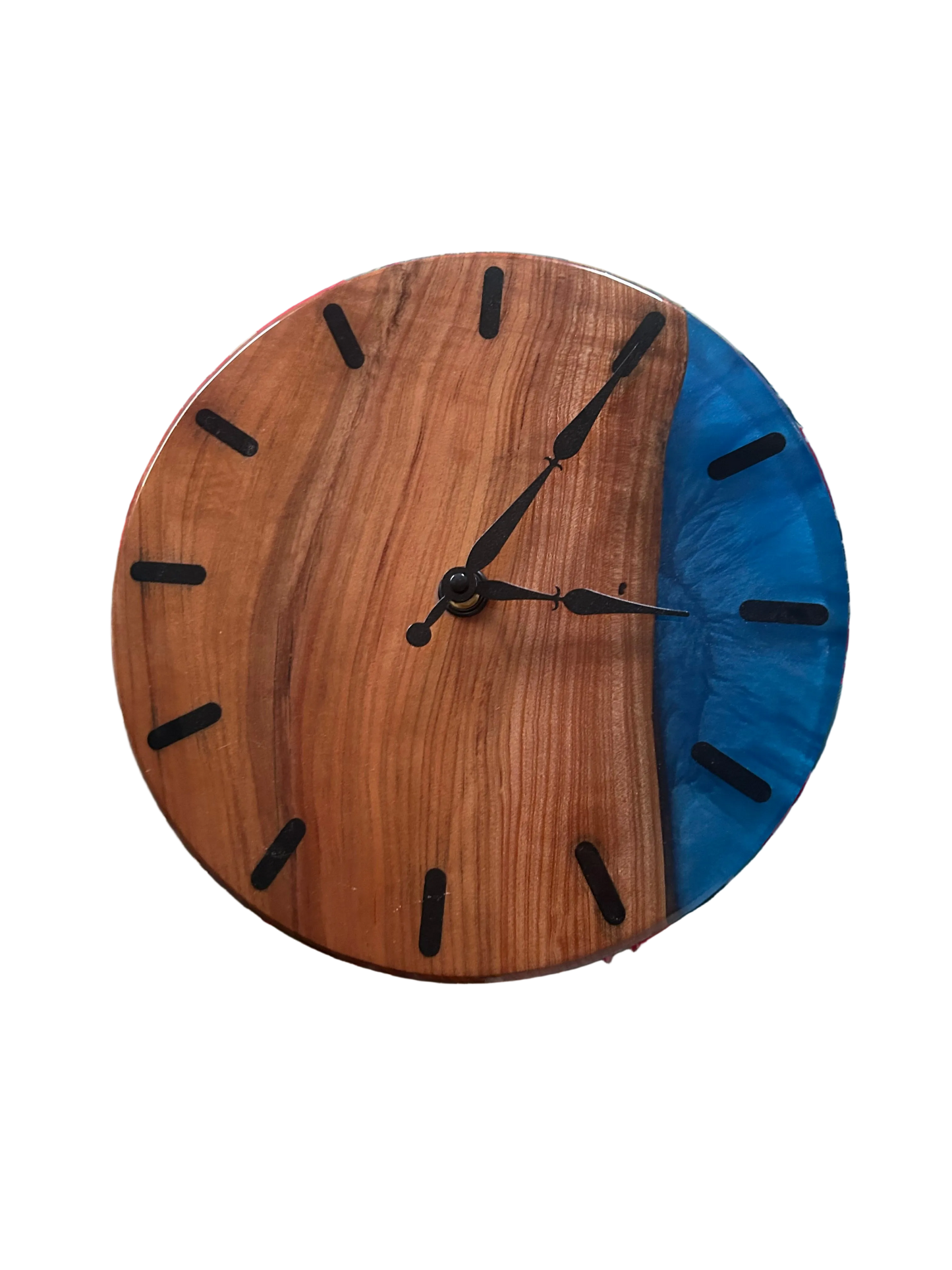 Horloge murale artisanale en bois et résine bleue